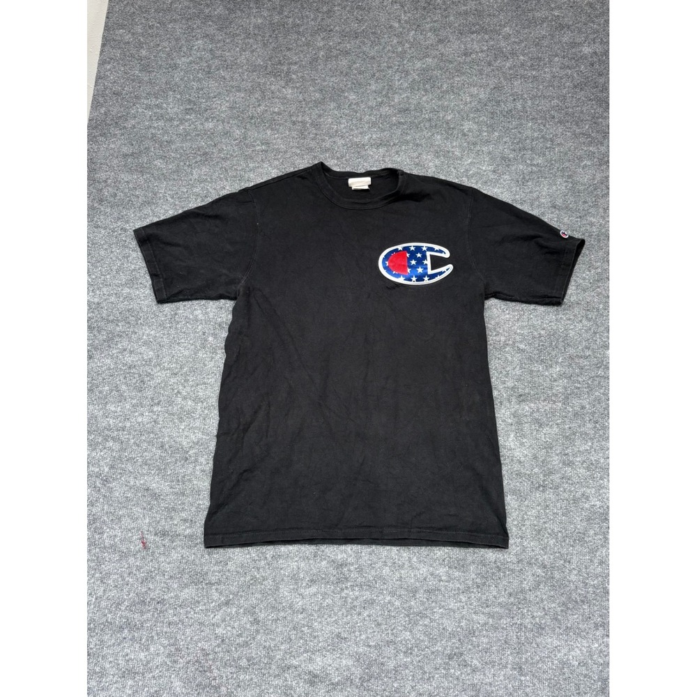 Champion Heritage Big C American Flag Logo T-Shirt Mens Large Black Cotton‎ Tee